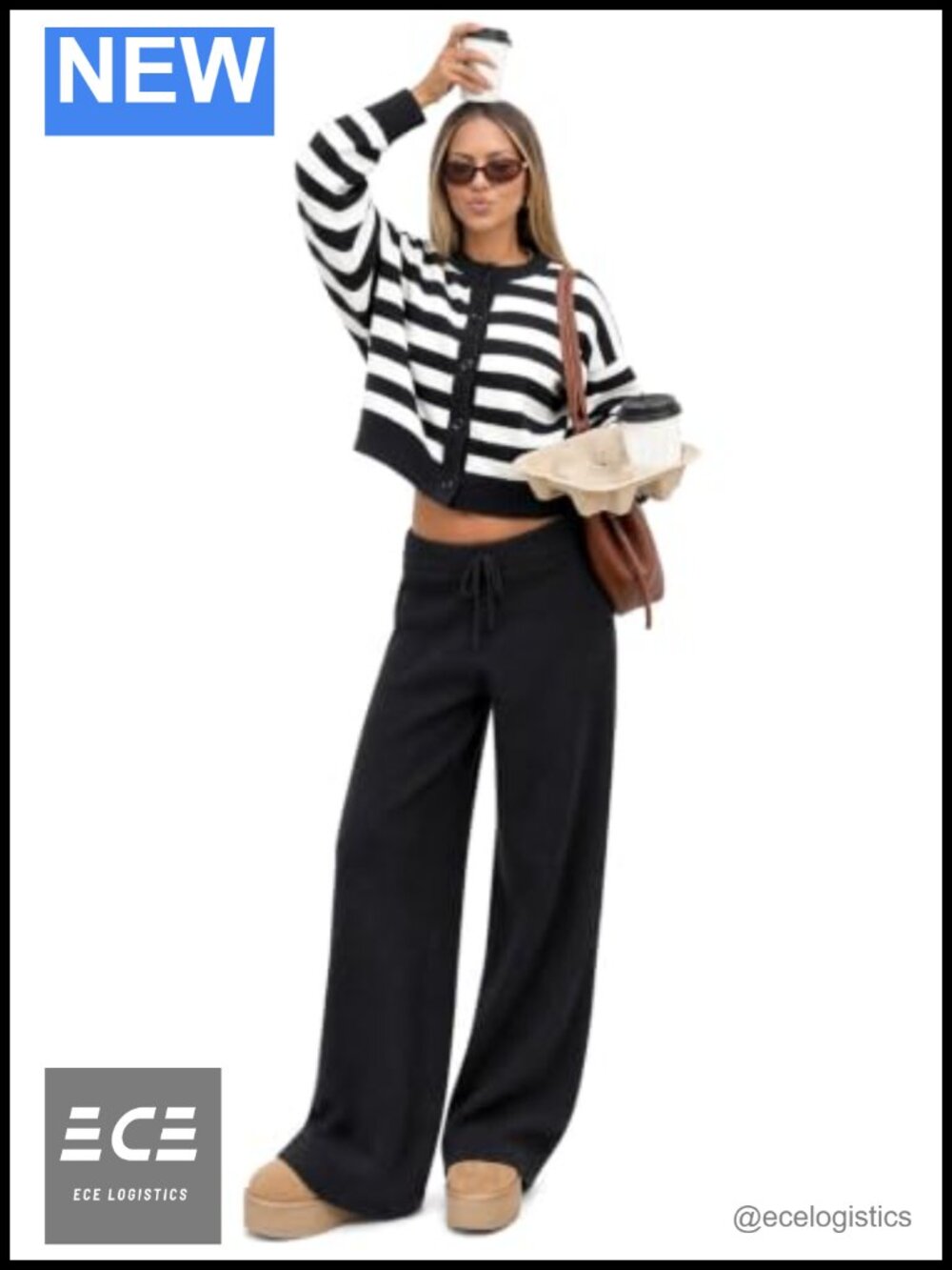 Women's 2 Piece Striped Cardigan & Wide Leg Pants Lounge Set